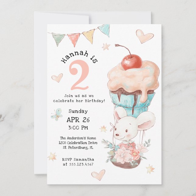 Cute Mouse in Sweet Hot Air Balloon Birthday Invitation (Front)