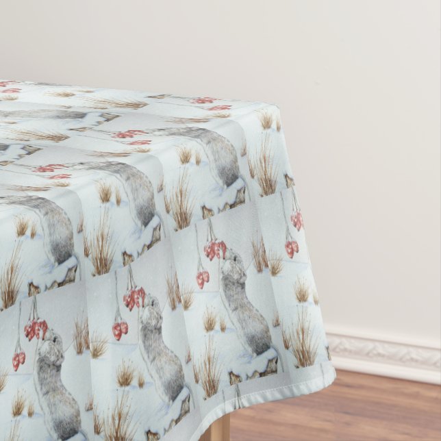 Cute mouse in the snow wildlife at christmas tablecloth (In Situ)
