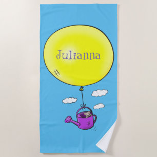 Cute mouse in watering can with balloon cartoon beach towel