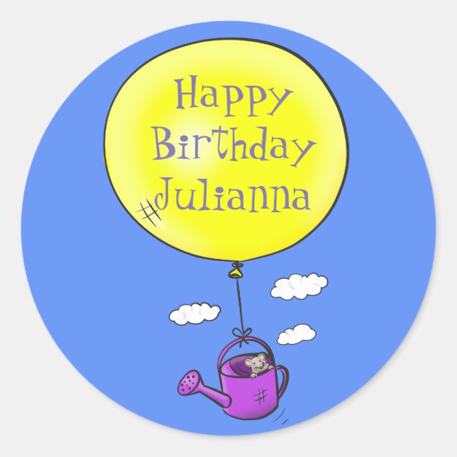 Cute mouse in watering can with balloon cartoon classic round sticker (Front)