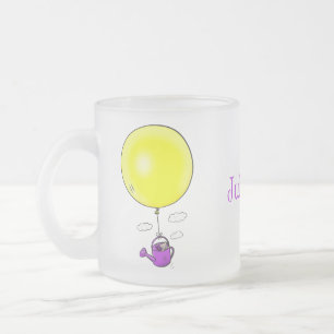 Cute mouse in watering can with balloon cartoon frosted glass coffee mug
