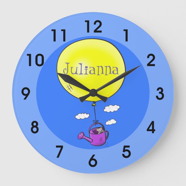 Cute mouse in watering can with balloon cartoon large clock (Front)