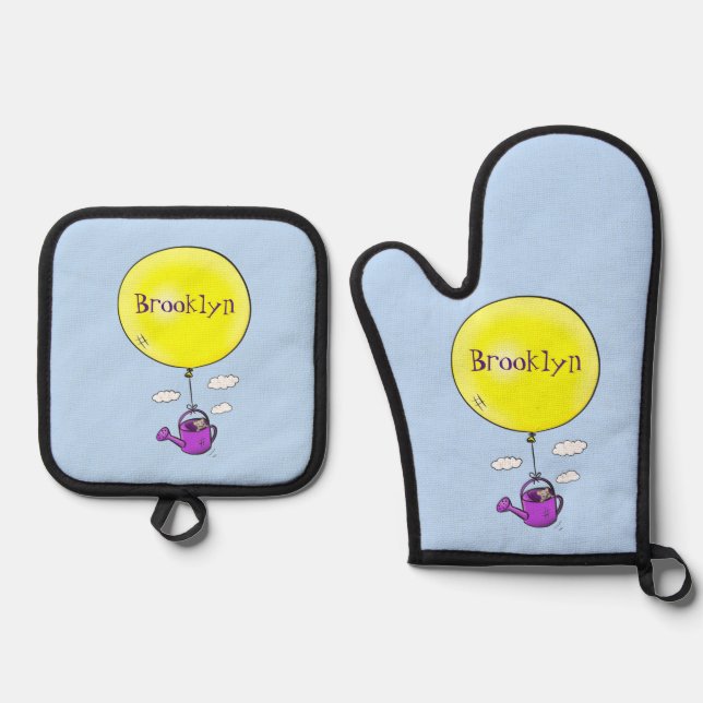 Cute mouse in watering can with balloon cartoon oven mitt & pot holder set (Front)