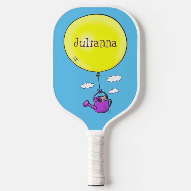 Cute mouse in watering can with balloon cartoon pickleball paddle (Front)