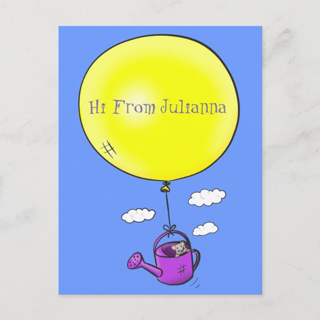 Cute mouse in watering can with balloon cartoon postcard (Front)