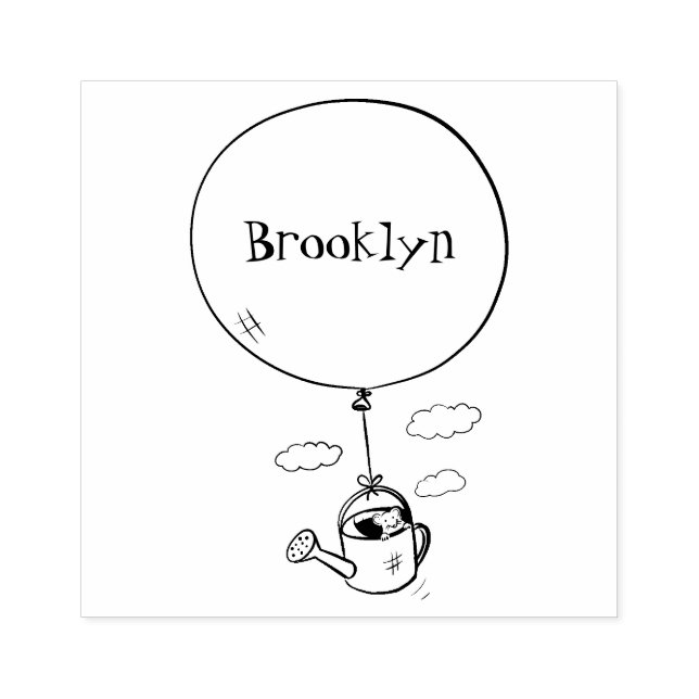 Cute mouse in watering can with balloon cartoon rubber stamp (Imprint)