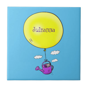 Cute mouse in watering can with balloon cartoon tile