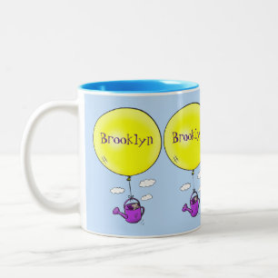 Cute mouse in watering can with balloon cartoon Two-Tone coffee mug