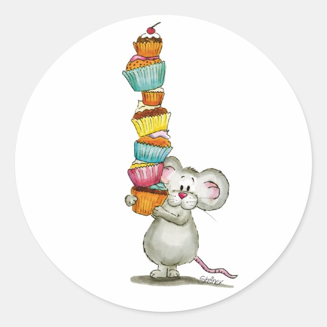 Cute Mouse is carrying Cupcakes - by Gerda Steiner Classic Round Sticker (Front)