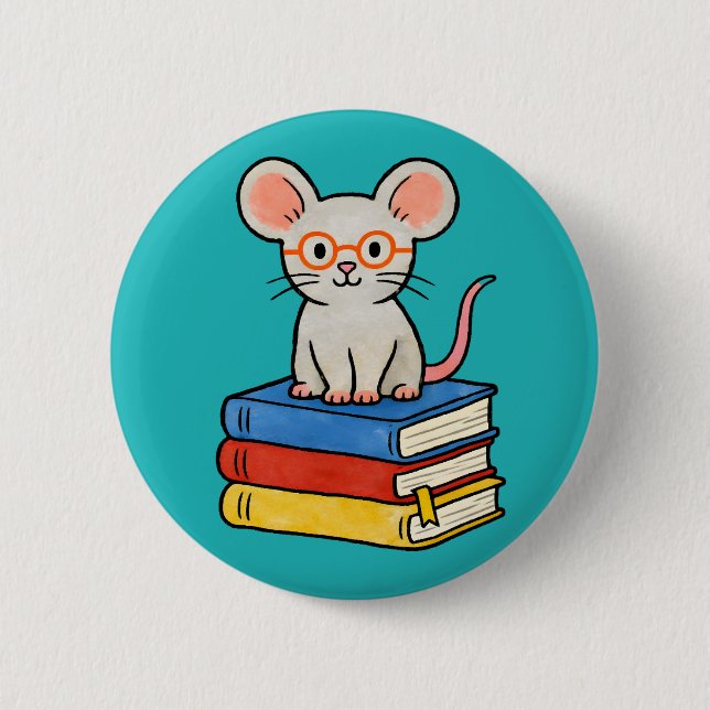 Cute Mouse on Books Stack 6 Cm Round Badge (Front)