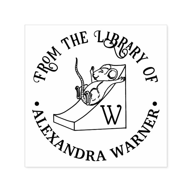 Cute Mouse on Cheese Slide Library Name Initial Self-inking Stamp (Design)