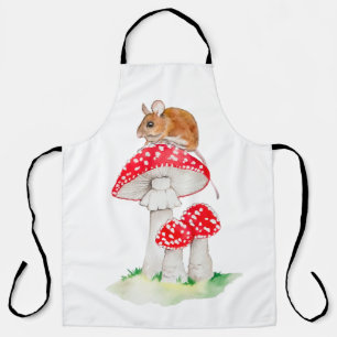 Cute mouse on fly agaric watercolor apron