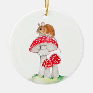 Cute mouse on fly agaric watercolor ceramic tree decoration