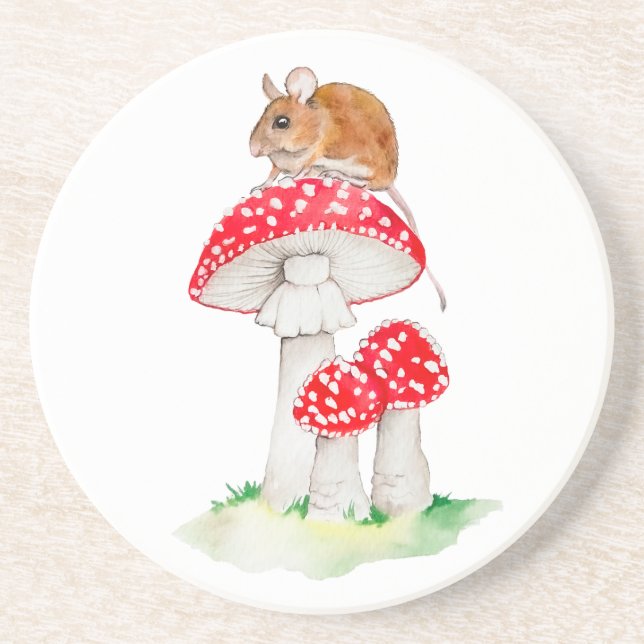 Cute mouse on fly agaric watercolor coaster (Front)