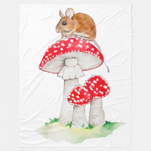 Cute mouse on fly agaric watercolor fleece blanket
