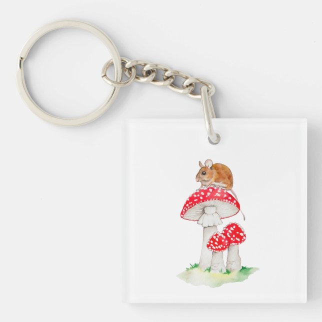 Cute mouse on fly agaric watercolor key ring (Front)