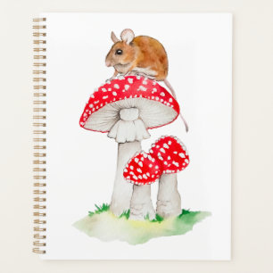 Cute mouse on fly agaric watercolor planner