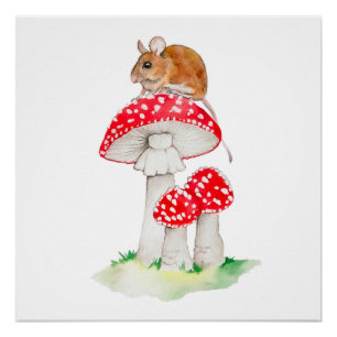 Cute mouse on fly agaric watercolor poster