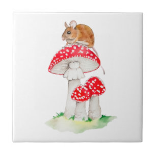 Cute mouse on fly agaric watercolor tile