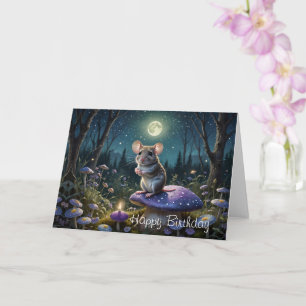 Cute Mouse on Mushroom in Moonlight Birthday Card