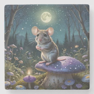 Cute Mouse on Mushroom in Moonlight Stone Coaster