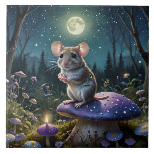 Cute Mouse on Mushroom in Moonlight Tile