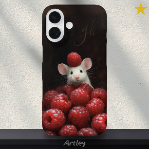 Cute Mouse Peeking Raspberry Painting Custom Name iPhone 16 Case