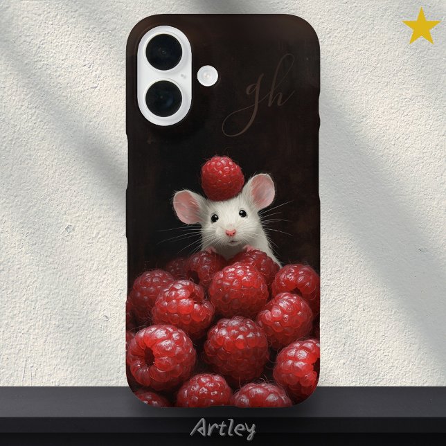 Cute Mouse Peeking Raspberry Painting Custom Name Case-Mate iPhone Case (Creator Uploaded)