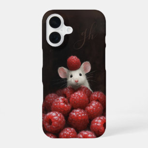 Cute Mouse Peeking Raspberry Painting Custom Name iPhone 16 Case