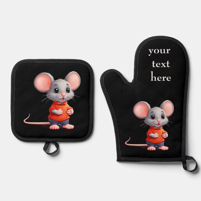 Cute Mouse Personalise change text, name & photo Oven Mitt & Pot Holder Set (Front)