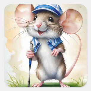 Cute Mouse Playing Golf  Square Sticker