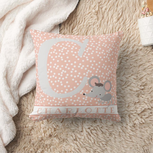 Cute Mouse & Polkadots Personalised Girl Nursery  Cushion (Blanket)