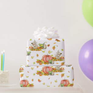 Cute mouse, pumpkins and fall colourful pattern wrapping paper