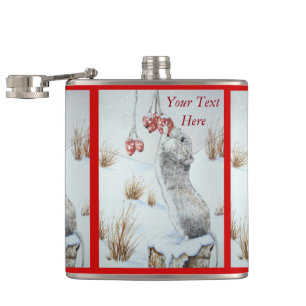 Cute mouse red berries snow scene wildlife art hip flask