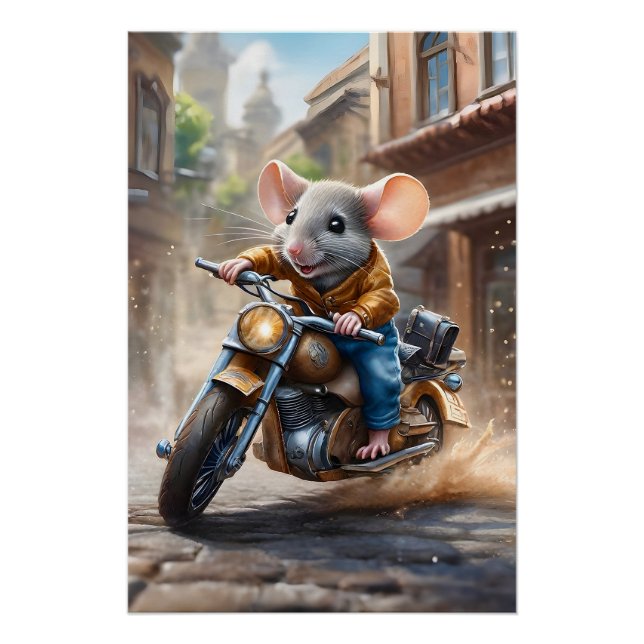Cute Mouse Riding a Motorcycle  Poster (Front)