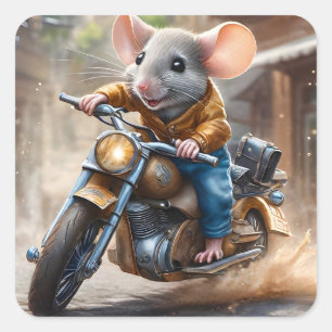 Cute Mouse Riding a Motorcycle  Square Sticker