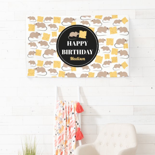 Cute Mouse Rodent Eating Cheese Birthday  Banner (Insitu)