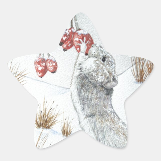Cute mouse snow scene seasonal wildlife star sticker (Front)