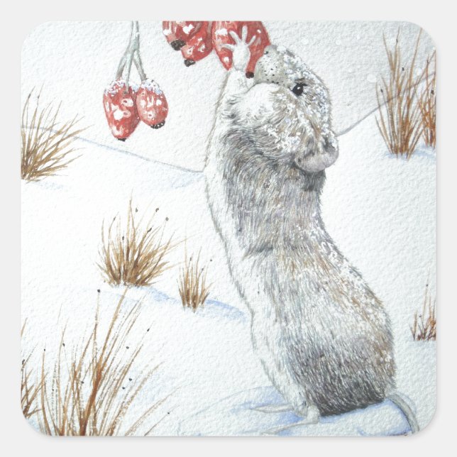 Cute mouse snow scene wildlife at christmas  square sticker (Front)