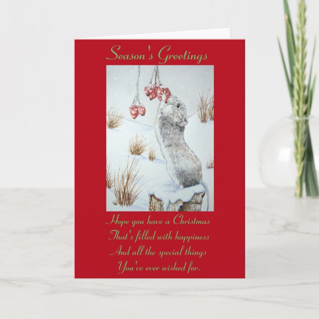 cute mouse snow scene wildlife painting with verse holiday card (Front)