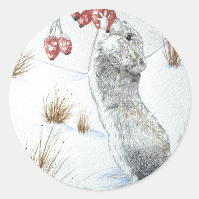 Cute mouse snowscene wildlife at chrismas classic round sticker (Front)
