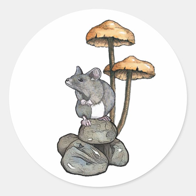 Cute Mouse Standing on Rocks, with Mushrooms Classic Round Sticker (Front)