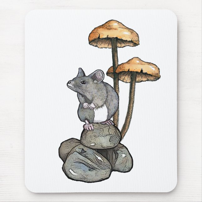 Cute Mouse Standing on Rocks, with Mushrooms Mat (Front)