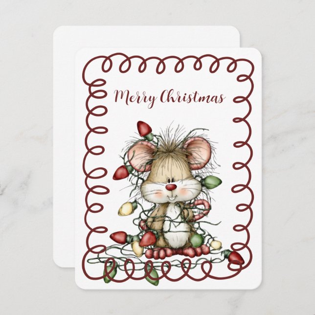Cute Mouse Tangled in Christmas Lights Holiday Card (Front/Back)