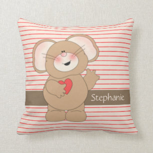 Cute Mouse w Heart on pinstripes, add name Cushion