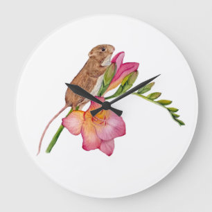 Cute Mouse Watercolor Floral Design Freesia Flow Large Clock