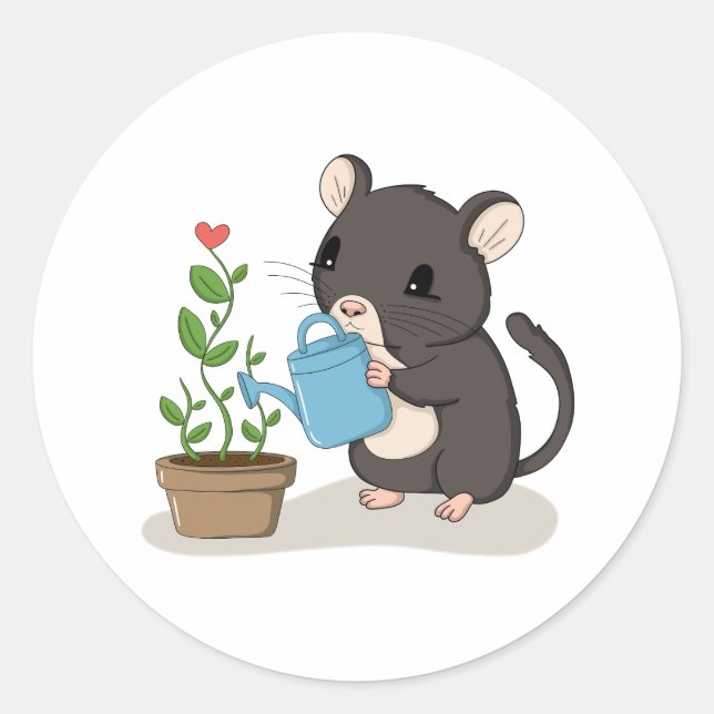 Cute Mouse Watering a Flower Gardening Sticker (Front)