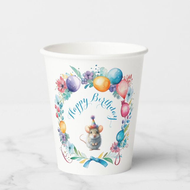 Cute Mouse Wearing a Party Hat  Paper Cups (Front)