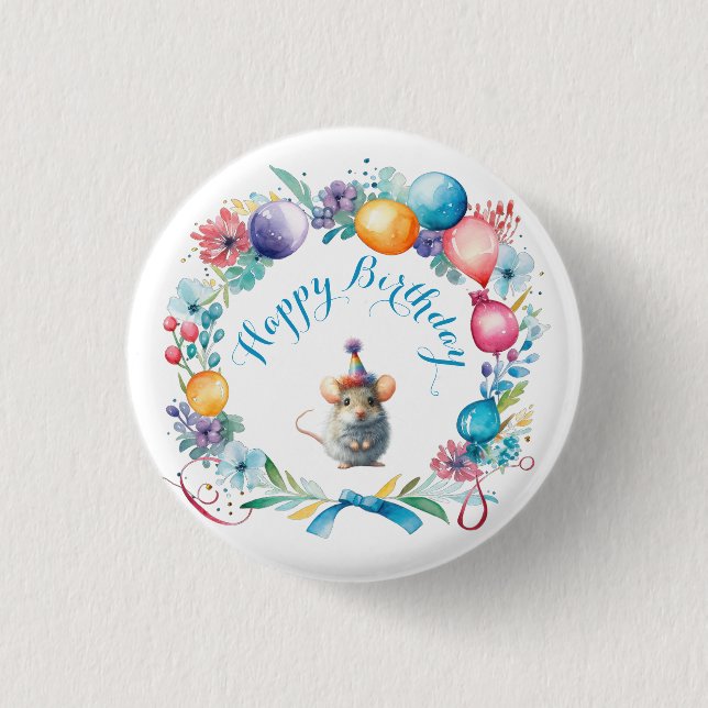 Cute Mouse Wearing a Party Hat Sticker 3 Cm Round Badge (Front)