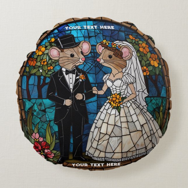 Cute Mouse Wedding Couple Mosaic Stained Glass Round Cushion (Front)